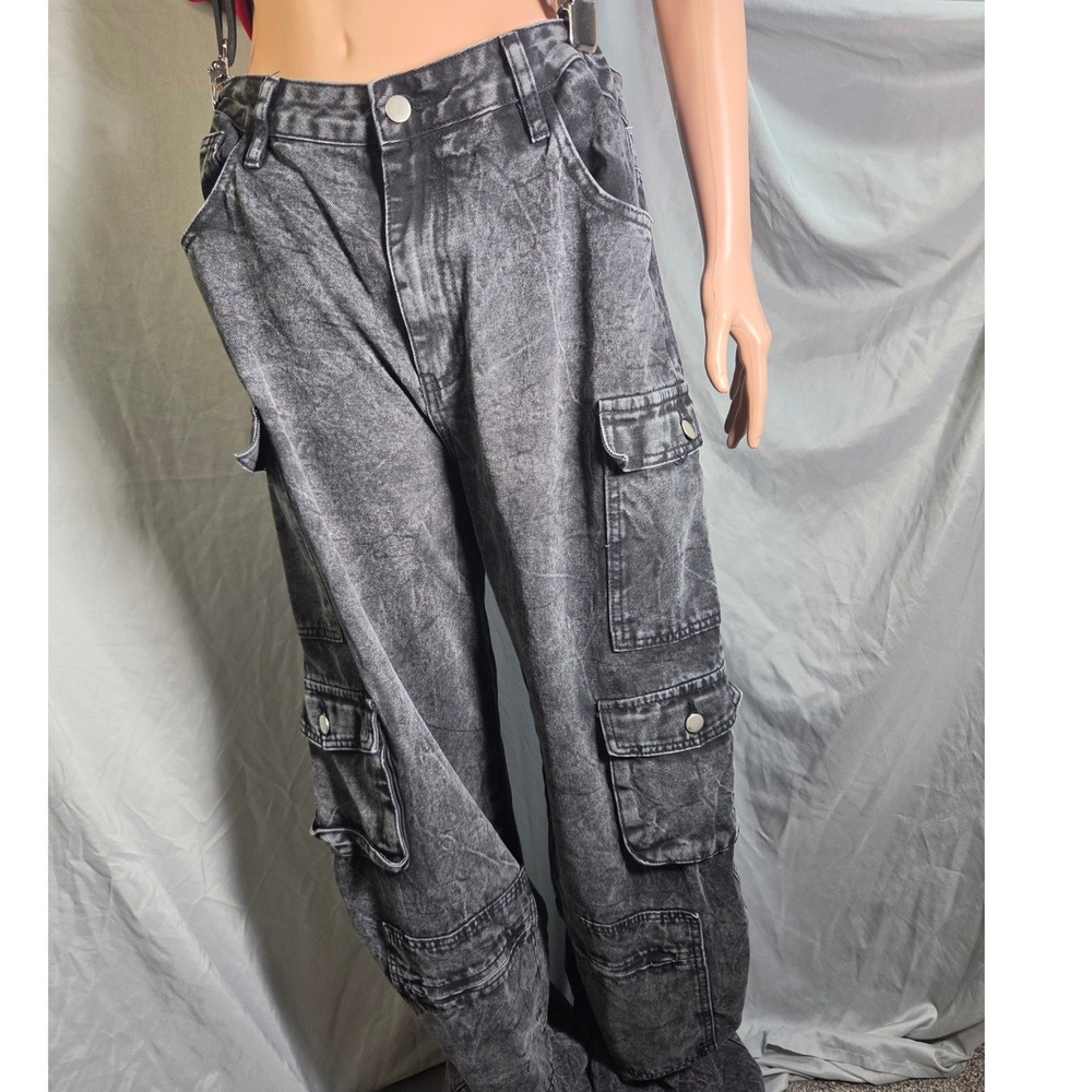 Fashion Nova Cargo Jeans SZ 11 Black Acid Wash Wide Leg Utility Y2K Grunge 90's